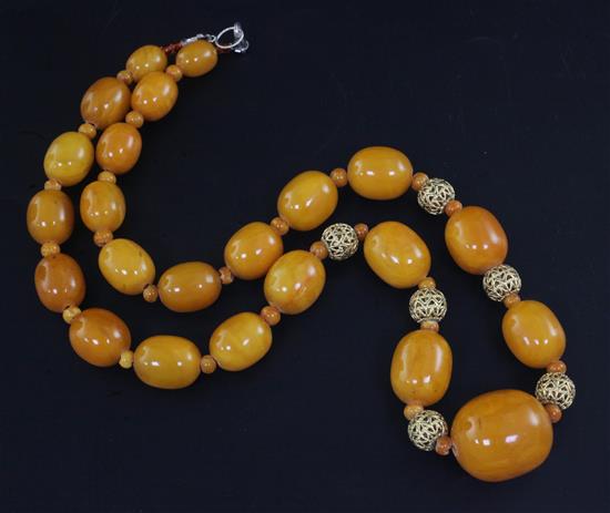 A single strand graduated amber bead necklace, 64cm.